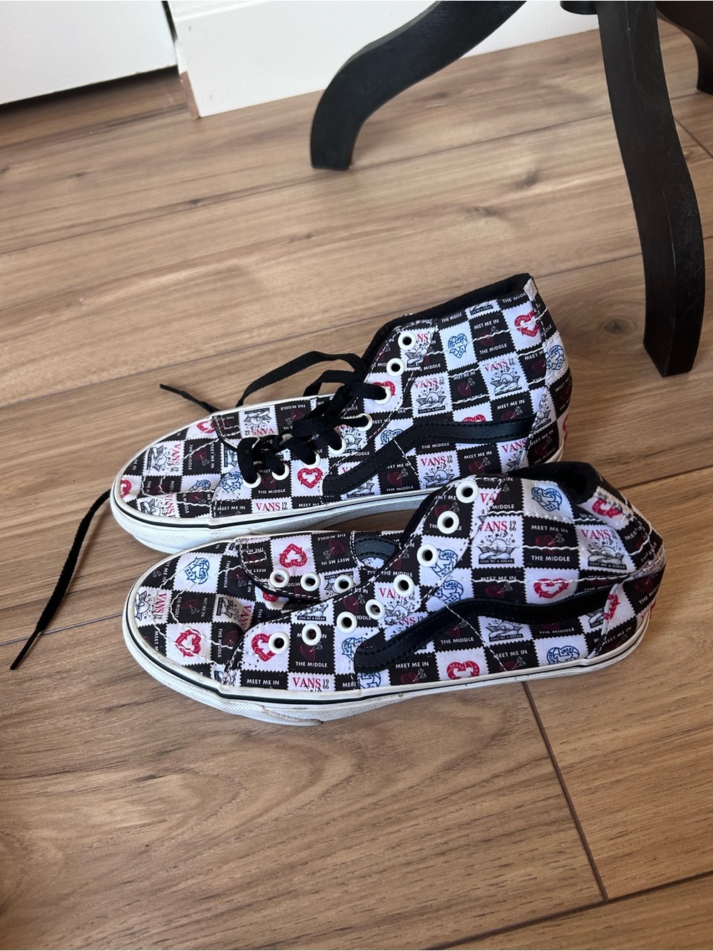 Vans Black & White Checkerboard High Top Sneakers with Red & Blue Love Accents